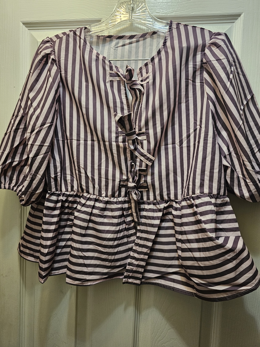 New Striped Peplum Tie-Front Top - Purple/pink